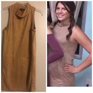 Suede, camel colored high-neck dress